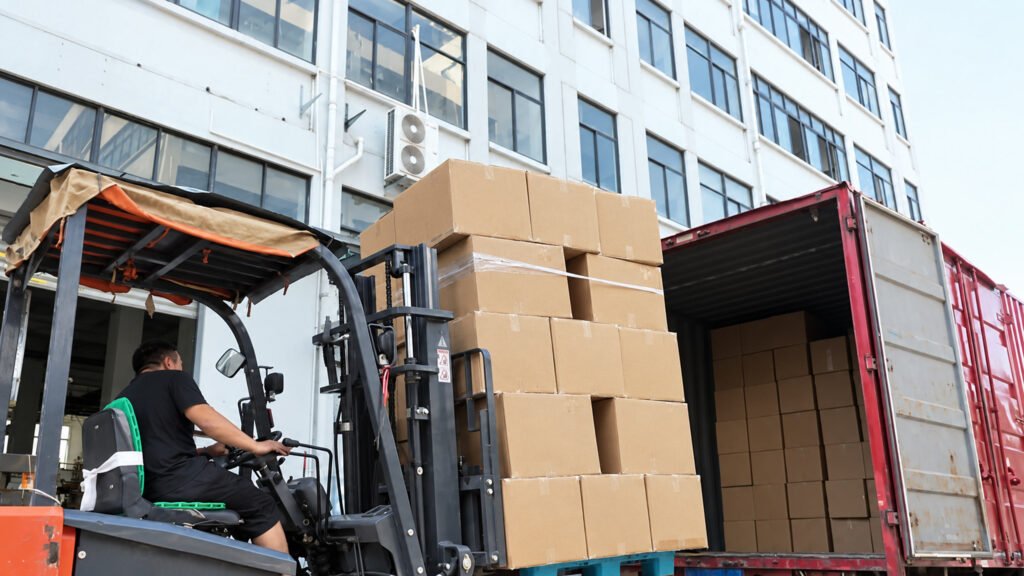 Loading disposable cutlery cartons into an export container